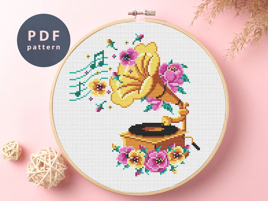 Gramophone Cross Stitch Pattern: Floral Music Artwork (Digital Download)