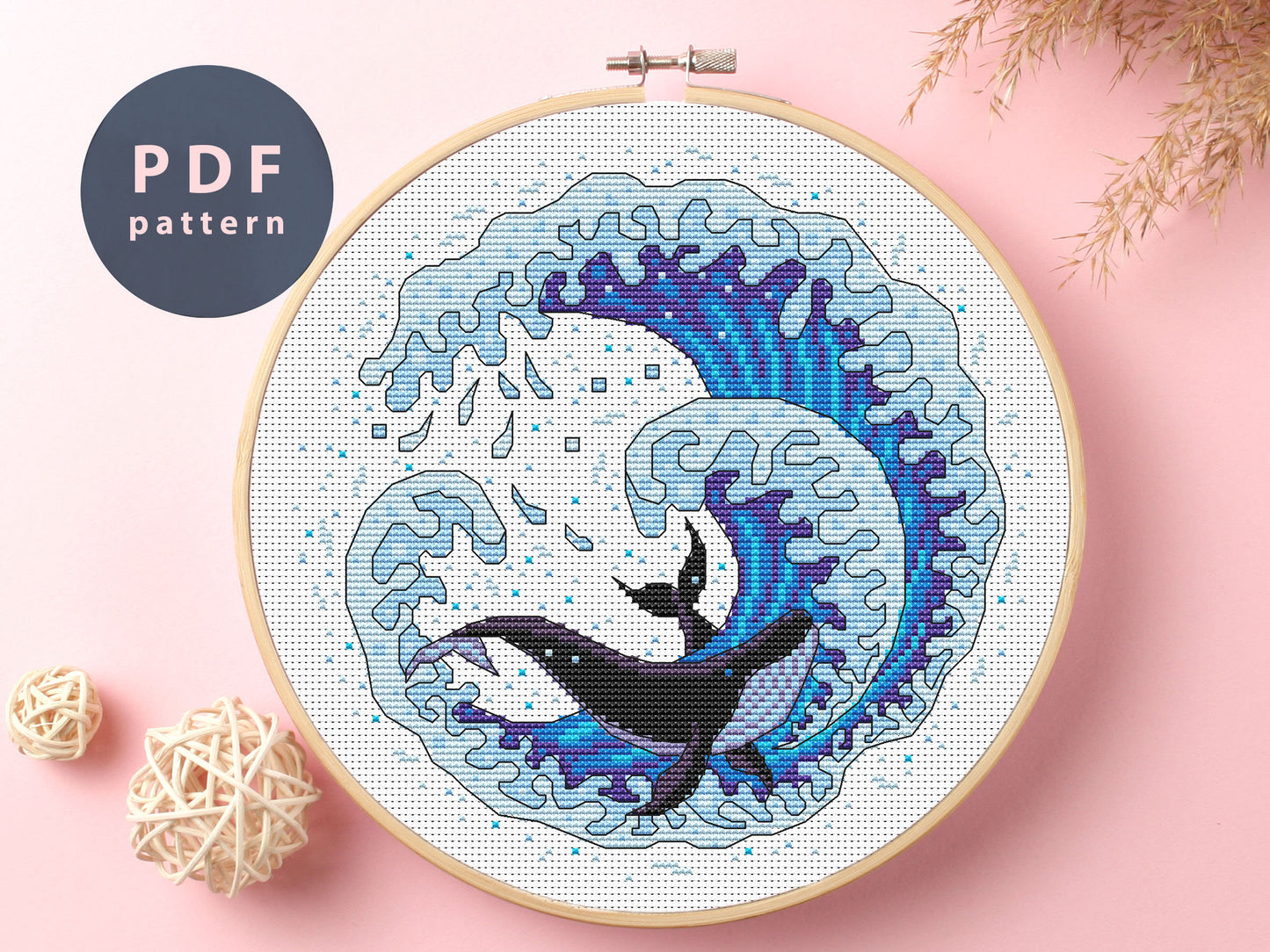 Waves and Whales Cross Stitch Pattern: DIY Embroidery (PDF Pattern)
