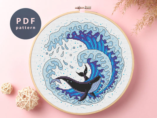 Waves and Whales Cross Stitch Pattern: DIY Embroidery (PDF Pattern)