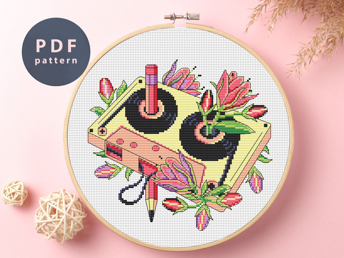 Cassette Tape Cross Stitch Pattern: Floral DIY Art (Digital Download)