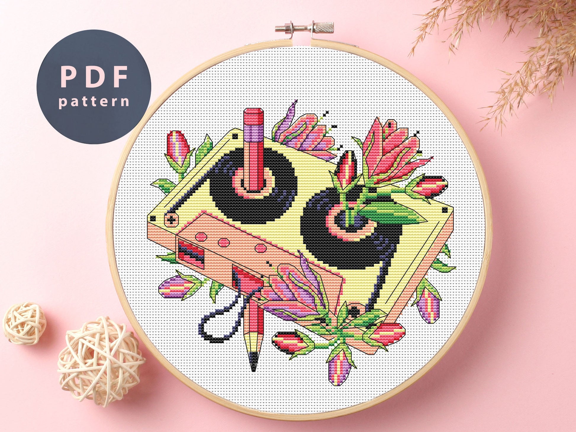 Cassette Tape Cross Stitch Pattern: Floral DIY Art (Digital Download)
