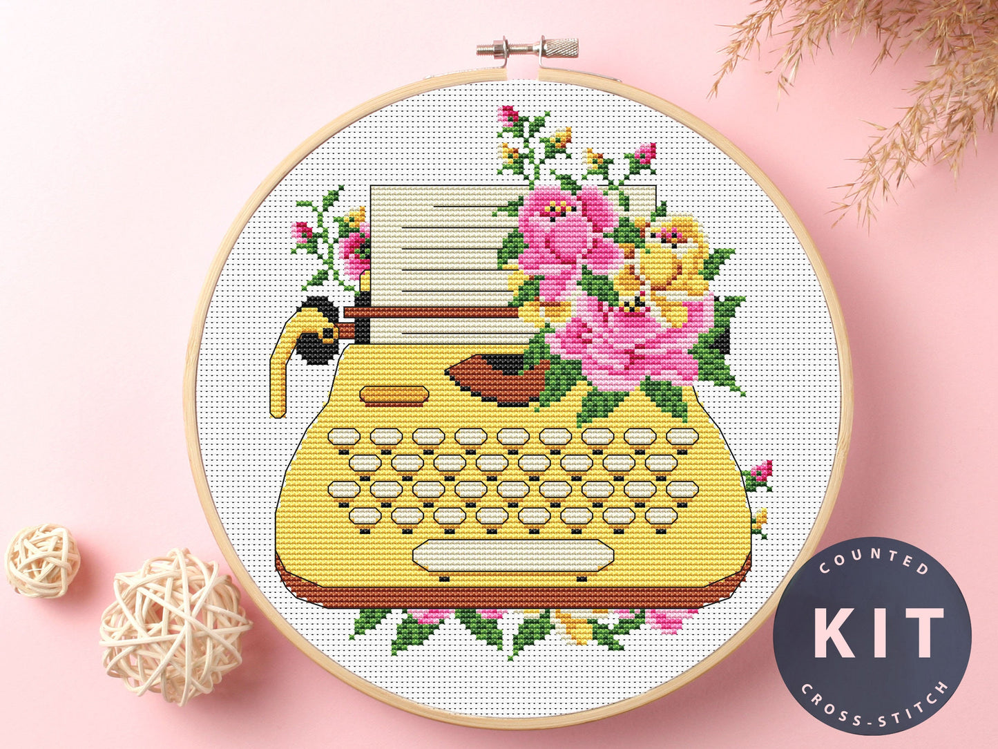 Typewriter Floral Cross Stitch Kit: Modern Embroidery Cozy