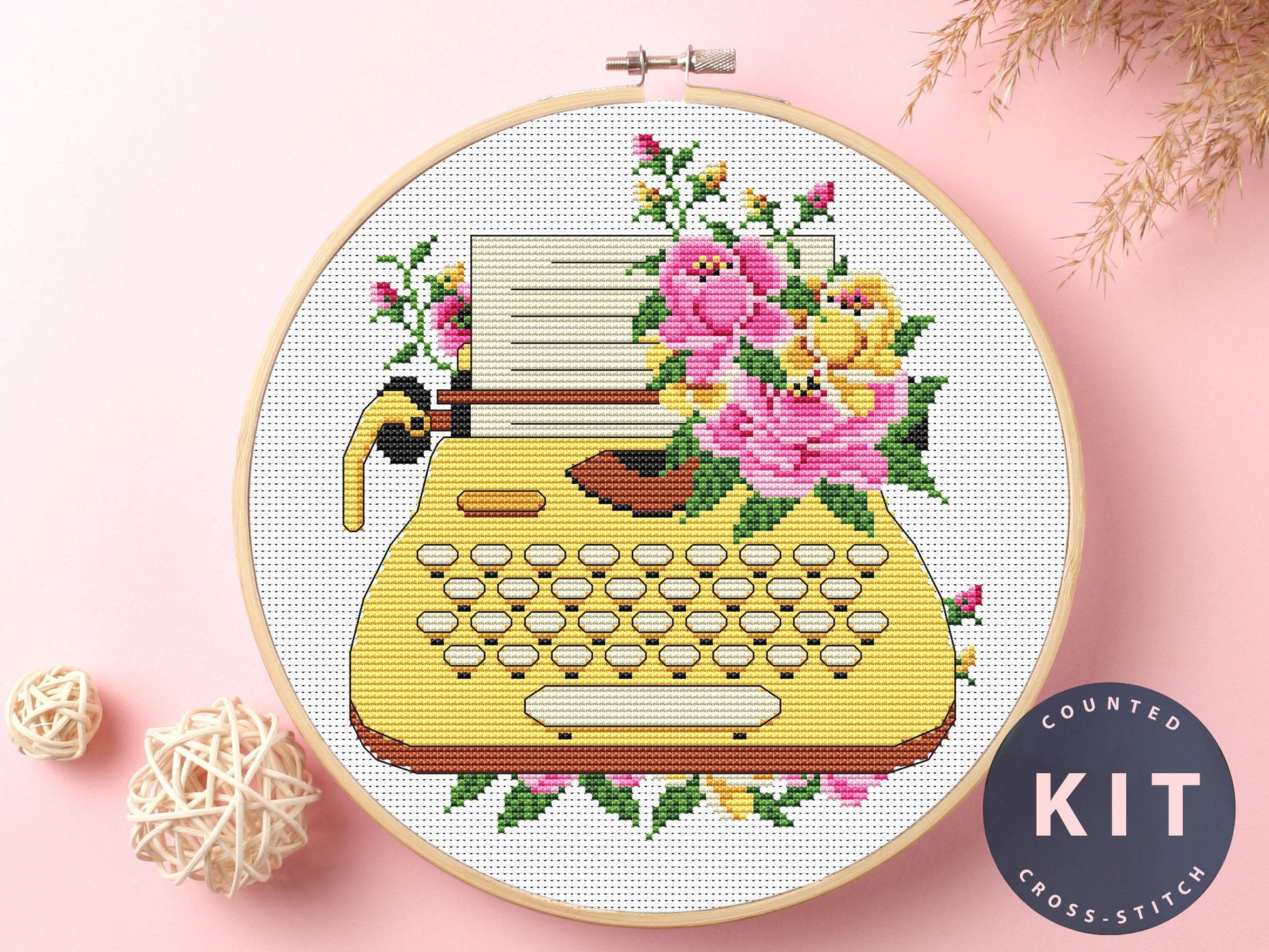 Typewriter Floral Cross Stitch Kit: Modern Embroidery Cozy