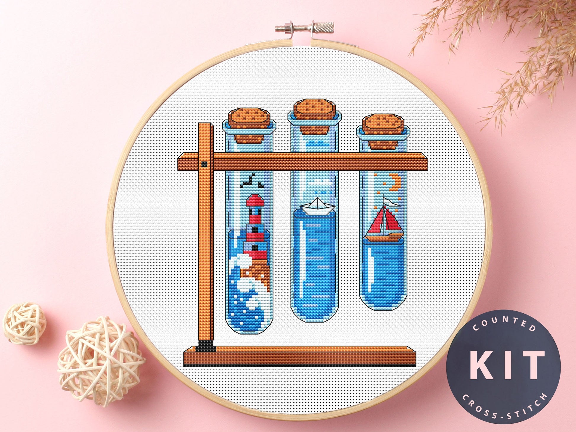 Test Tubes Cross Stitch Kit: Lighthouse, Boat, Moon Design