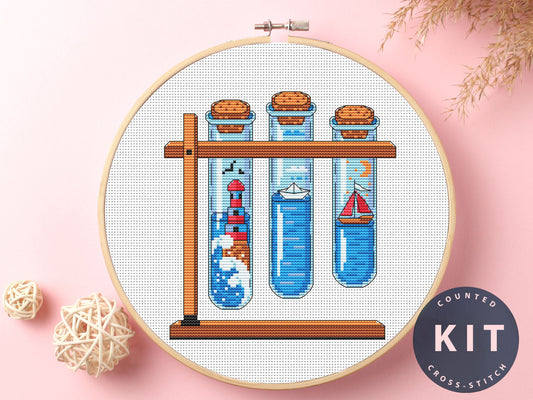 Test Tubes Cross Stitch Kit: Lighthouse, Boat, Moon Design