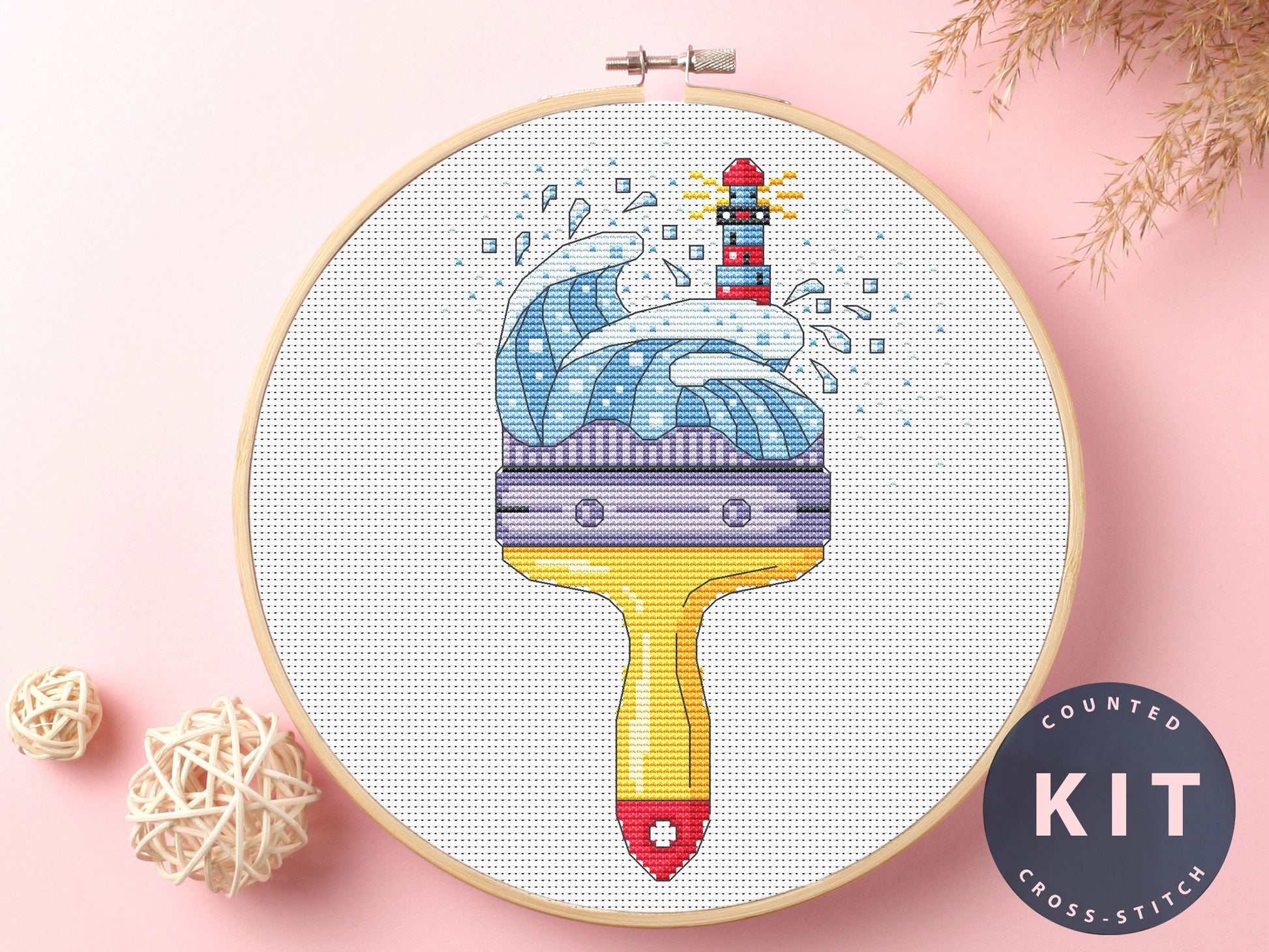 Brush Lighthouse Cross Stitch Kit: DIY Home Decor Craft