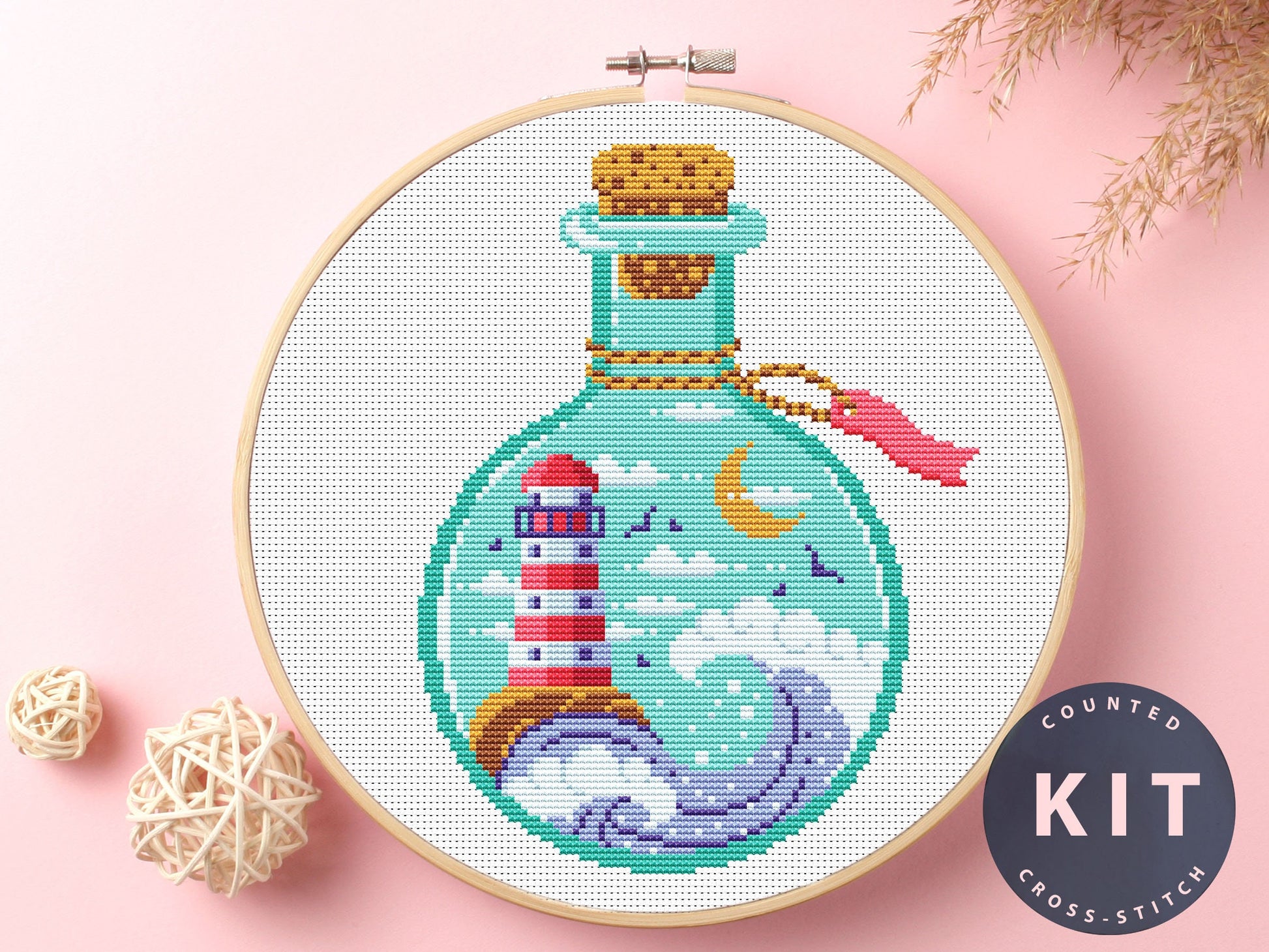 Bottle Cross Stitch Kit: Lighthouse & Moon DIY Embroidery