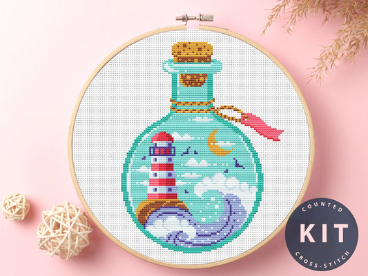 Bottle Cross Stitch Kit: Lighthouse & Moon DIY Embroidery