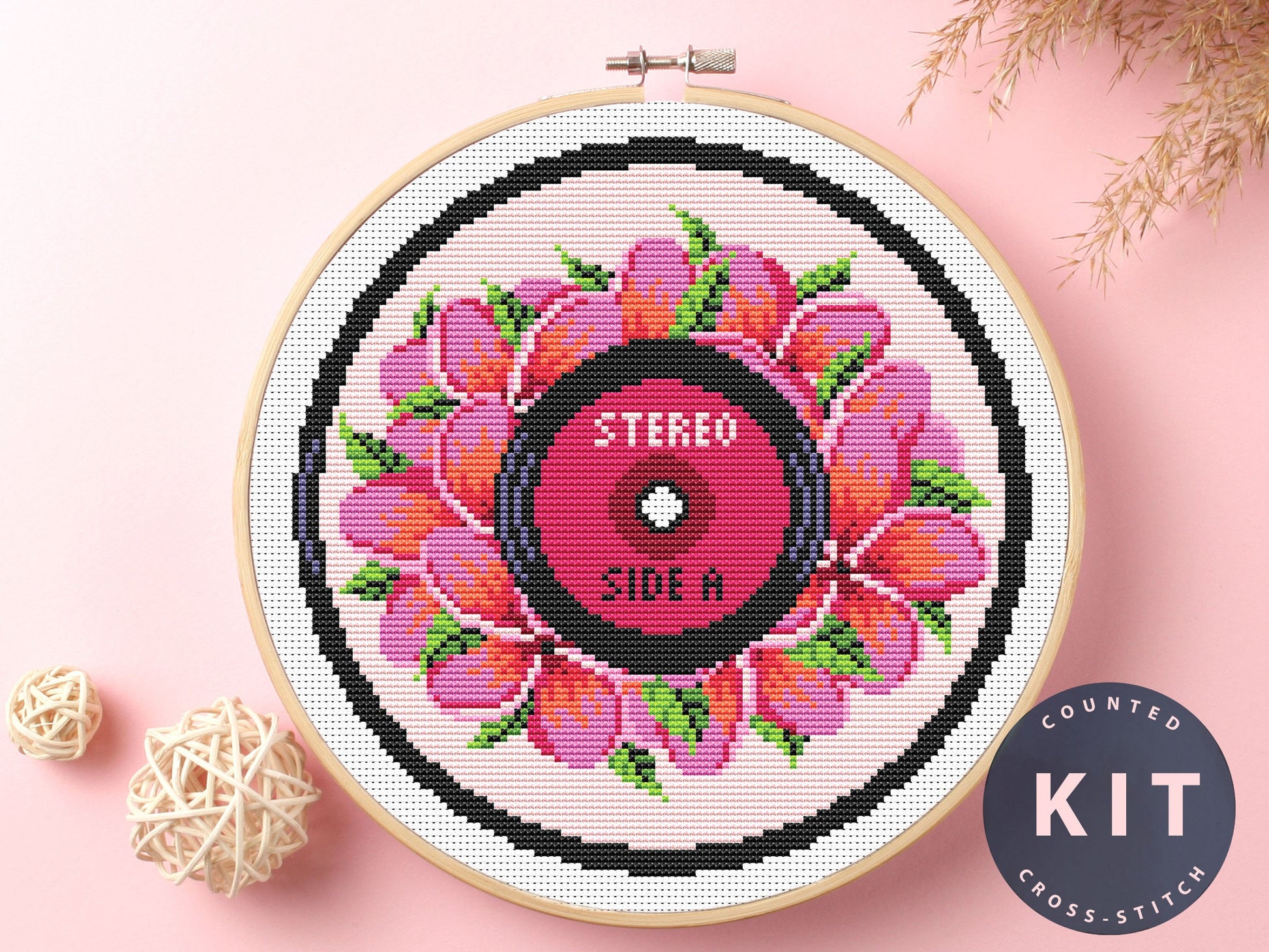 Vinyl Record Floral Cross Stitch Kit: Retro DIY Craft
