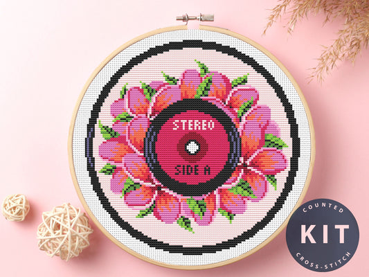 Vinyl Record Floral Cross Stitch Kit: Retro DIY Craft