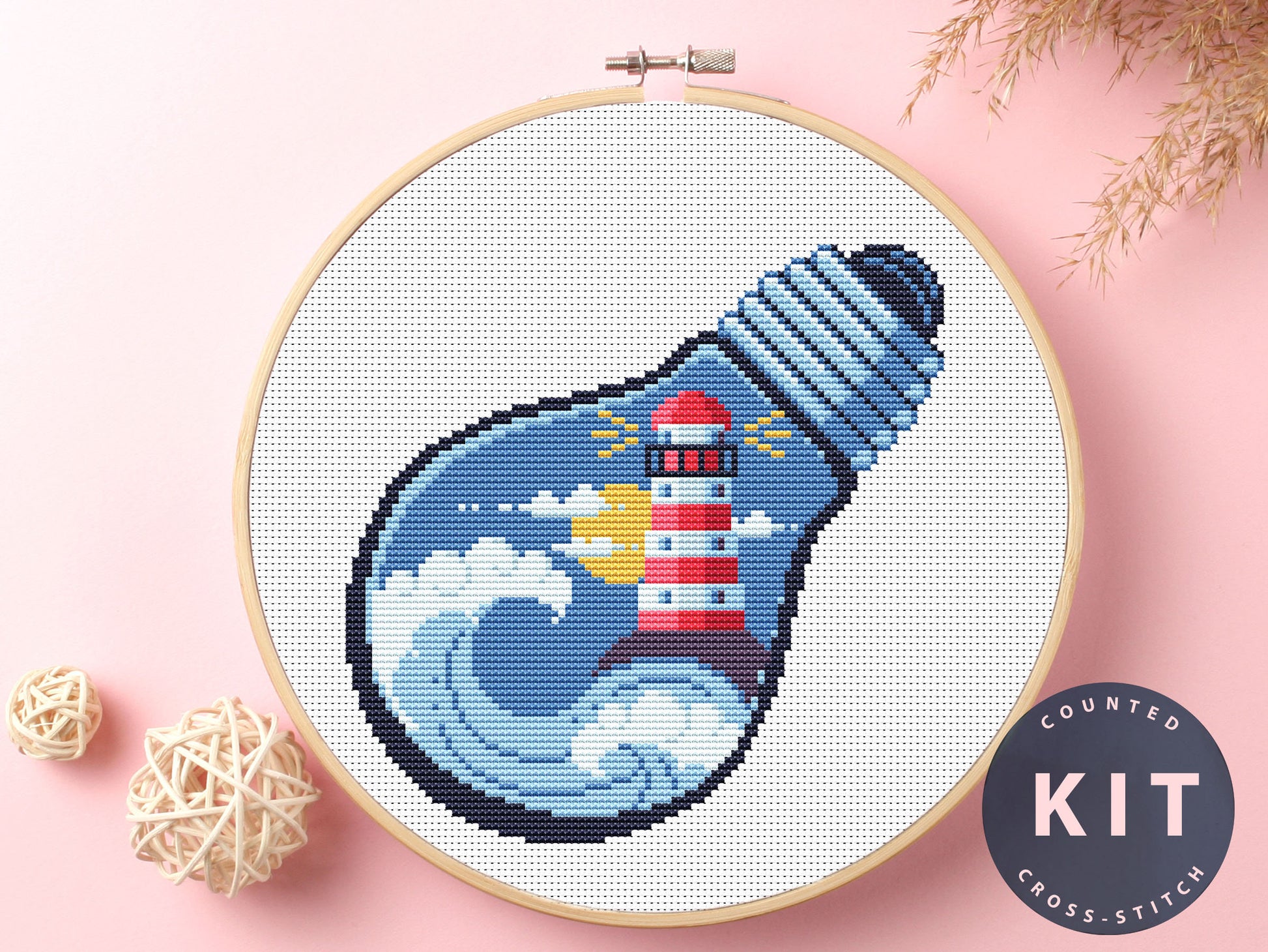 Bulb Lighthouse Cross Stitch Kit: DIY Coastal Embroidery