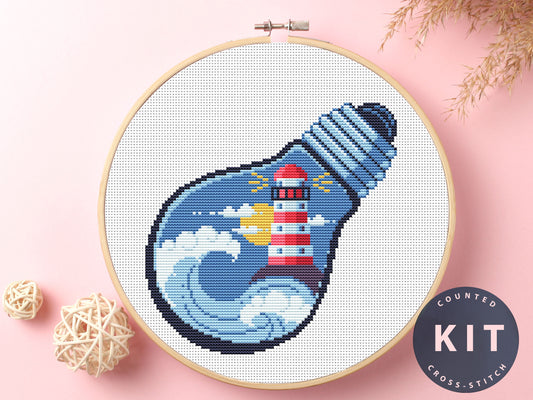 Bulb Lighthouse Cross Stitch Kit: DIY Coastal Embroidery